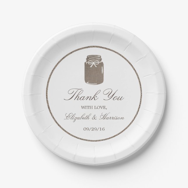 Rustic Burlap Mason Jar Wedding Pappteller (Vorderseite)