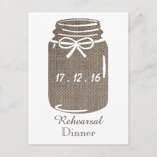 Rustic Burlap Mason Jar Wedding Probe Dinner Einladungspostkarte
