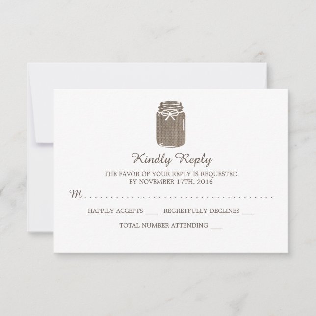 Rustic Burlap Mason Jar Wedding RSVP Karte (Vorderseite)