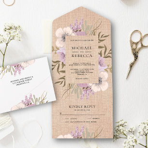 Rustic Burlap Mauve Lila Floral Bouquet Wedding All In One Einladung