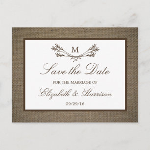 Rustic Burlap Monogram Branch Save the Date Ankündigungspostkarte