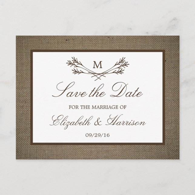 Rustic Burlap Monogram Branch Save the Date Ankündigungspostkarte (Vorderseite)