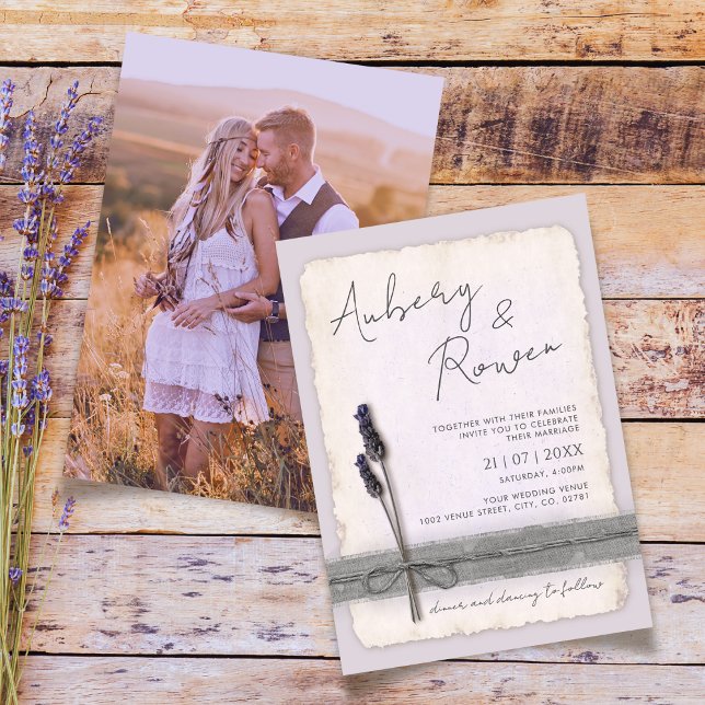 Rustic Burlap Öko Boho Lavender Foto Wedding Einladung (Von Creator hochgeladen)