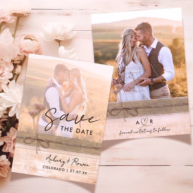 Rustic Burlap Öko Wood Blush Wildblume Boho Foto Save The Date (Von Creator hochgeladen)