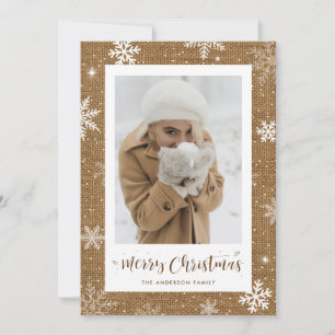 Rustic Burlap One Photo Christmas Cards Feiertagskarte