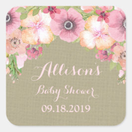 Rustic Burlap Pink Floral Baby Shooter Tag Quadratischer Aufkleber