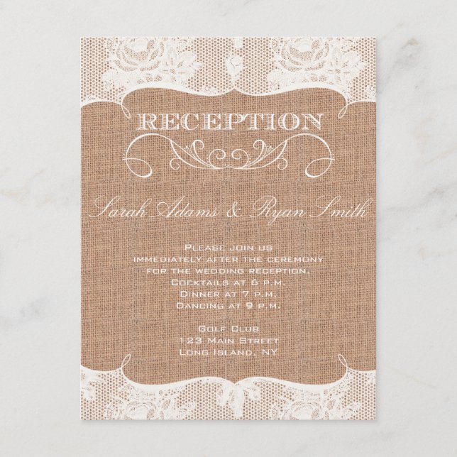 Rustic Burlap Print & Lace Empfang Einladung (Vorderseite)
