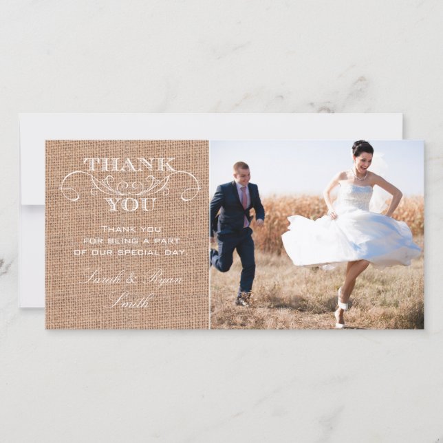 Rustic Burlap Print Wedding Foto Danke Karten (Vorderseite)