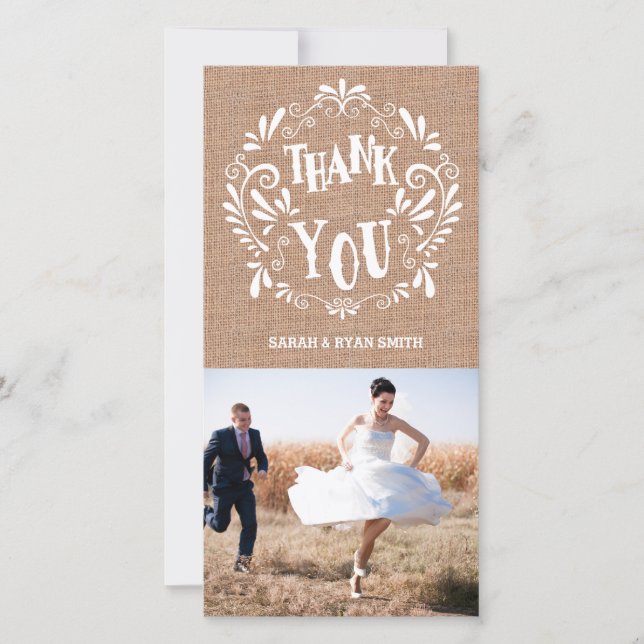 Rustic Burlap Print Wedding Vielen Dank Foto Cards Dankeskarte (Vorderseite)