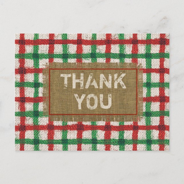 Rustic Burlap Red Green Kariert Holiday Danke Postkarte (Vorderseite)