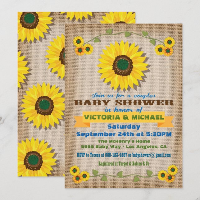 Rustic Burlap Sonnenblume Paare Babydusche Einladung (Vorne/Hinten)