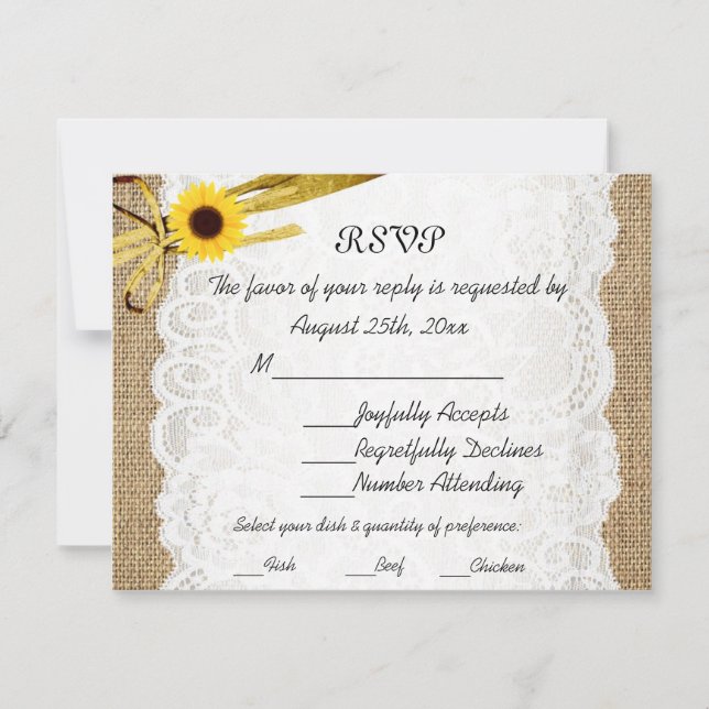 Rustic Burlap Sonnenblume Spitzen-RSVP-Karte RSVP Karte (Vorderseite)