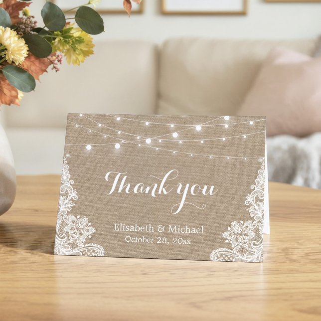 Rustic Burlap String Lights Lace Wedding Vielen Da Dankeskarte (Von Creator hochgeladen)