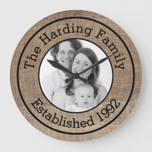 Rustic Burlap Style Family Photo Customized Große Wanduhr