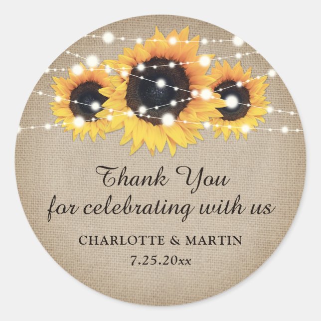 Rustic Burlap Sunflower Wedding Thank You Stickers (Vorderseite)