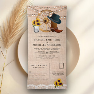 Rustic Burlap Sunflowers Cowboy Western Wedding Dreifach Gefaltete Einladung