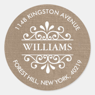 Rustic Burlap Verzierte Wirbel Custom Rücksendeadr Runder Aufkleber