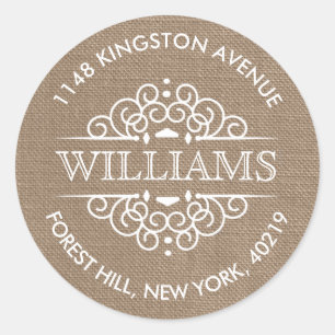 Rustic Burlap Verzierte Wirbel Custom Rücksendeadr Runder Aufkleber