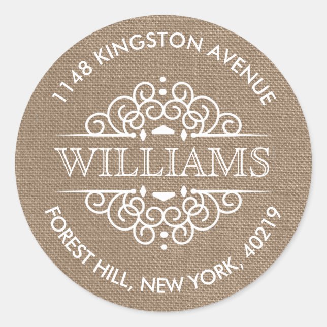 Rustic Burlap Verzierte Wirbel Custom Rücksendeadr Runder Aufkleber (Vorderseite)
