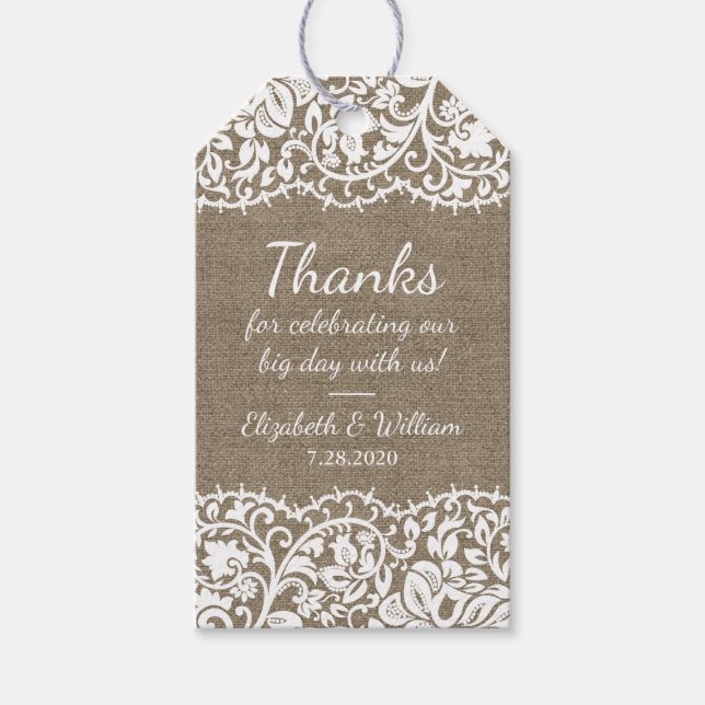Rustic Burlap & Vintag Lace Wedding Vielen Dank Geschenkanhänger (Vorderseite)