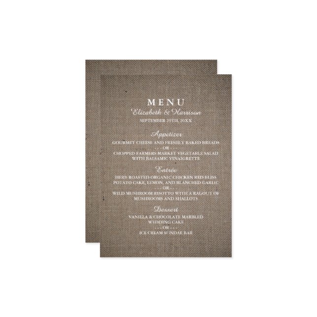 Rustic Burlap Wedding Menu Menükarte (Vorderseite/Rückseite Beispiel)