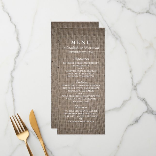 Rustic Burlap Wedding Menu Menükarte (Vorderseite/Rückseite Beispiel)