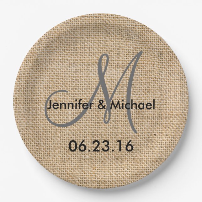 Rustic Burlap Wedding Monogram Name Date Pappteller (Vorderseite)