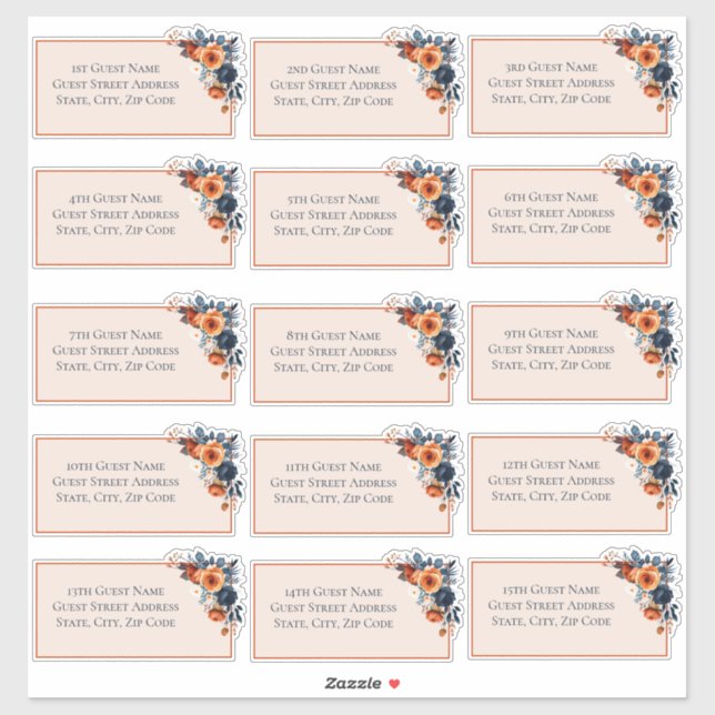 Rustic Burnt Orange & Blue Wedding Guest Address Aufkleber (Blatt)