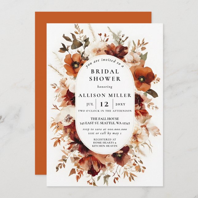 Rustic Burnt Orange Burgundy Fall Bridal Shower Einladung (Vorne/Hinten)