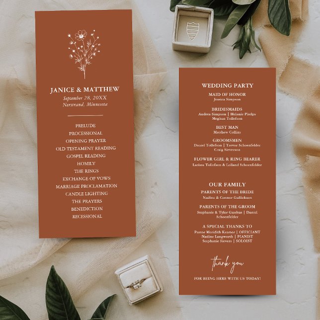 Rustic Burnt Orange Simple Boho Wedding Programm (Von Creator hochgeladen)