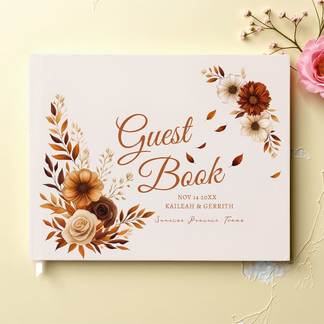 Rustic Burnt Sienna Beige Fall Leaves Wedding  Gästebuch (Von Creator hochgeladen)