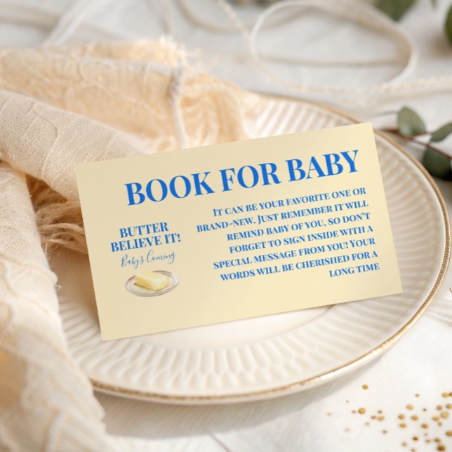 Rustic Butter Yellow Blue Boy Book For Baby Shower Begleitkarte (Von Creator hochgeladen)