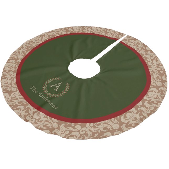 Rustic Cabin Damask Monogram Familienname Polyester Weihnachtsbaumdecke (Schrägansicht)