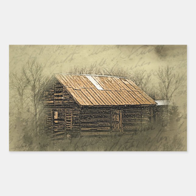 Rustic Cabin Vintage Weathered Postcard Rechteckiger Aufkleber (Vorderseite)