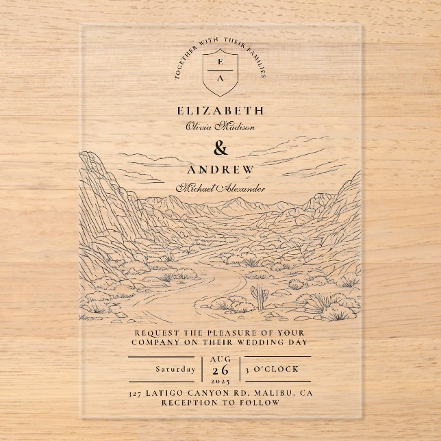 Rustic Cactus Desert Landscape Wedding Acryleinladungen (Vorderseite)