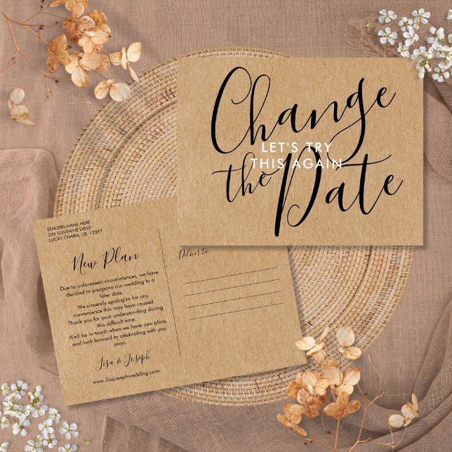 Rustic Change the Date Postponed Cancelled Event Postkarte (Rustic Change the Date Postponed Cancelled Event Postcard)