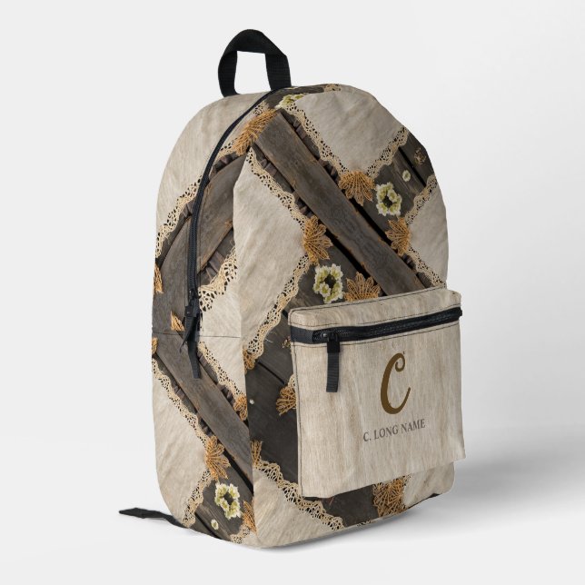 Rustic Charm Burlap & Lace Barn Wood QR Code Bedruckter Rucksack (Rückseitige Ecke links)