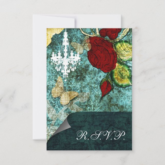 Rustic Chic Aqua Vintage Rose Hochzeit RSVP Karte (Vorderseite)