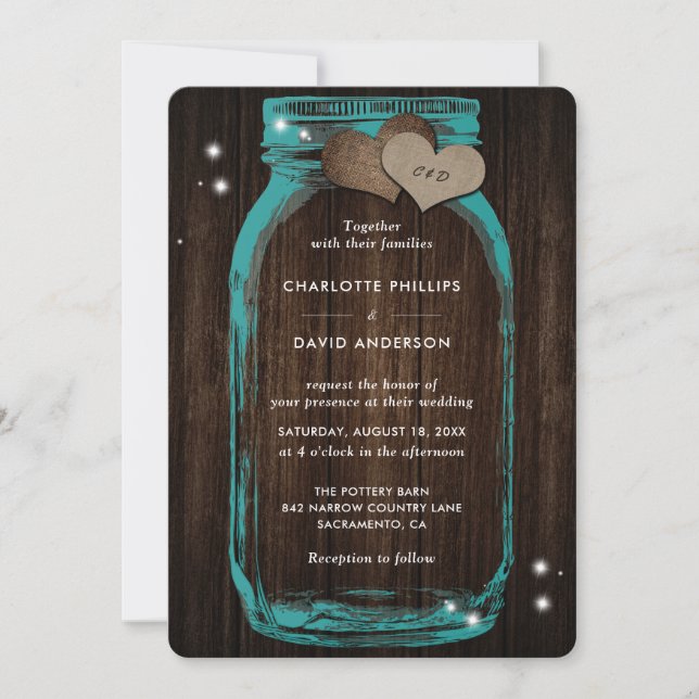 Rustic Chic Aquamarin Mason Jar Wood Wedding Einla Einladung (Vorderseite)