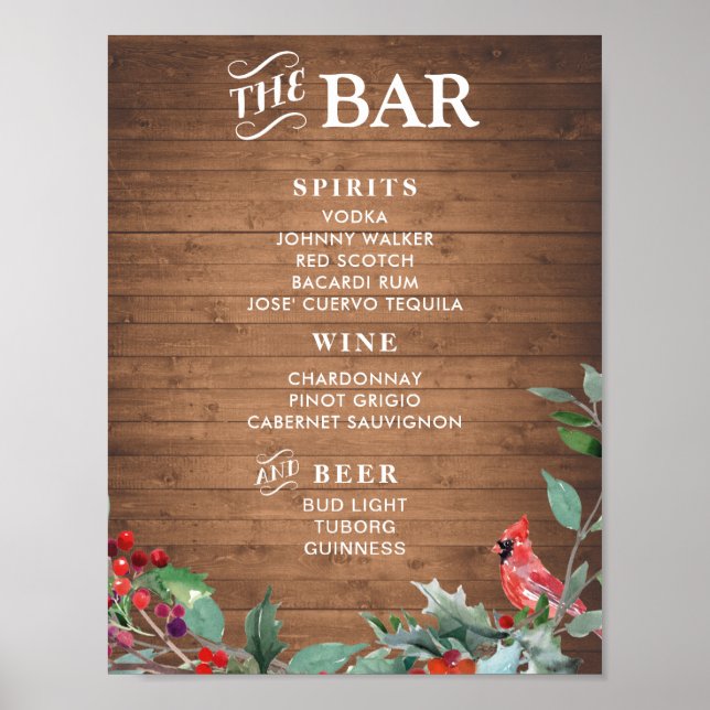 Rustic chic Bar Menu Sign | Holiday party bar Poster (Vorne)