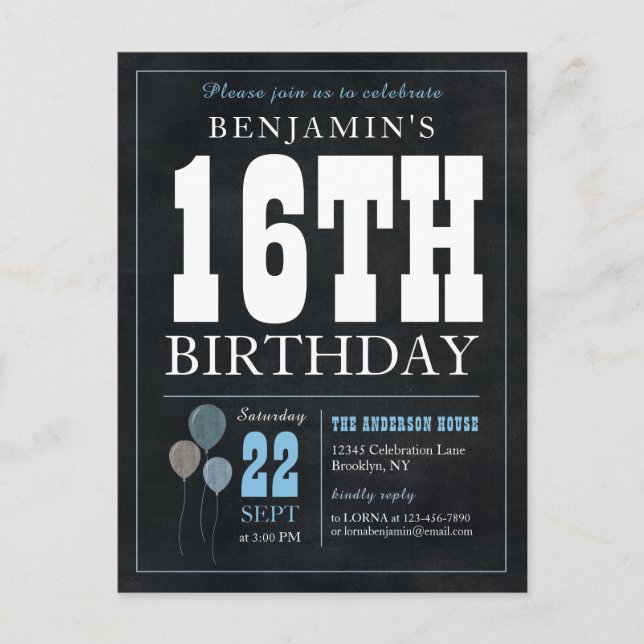 Rustic Chic Chalkboard Blue Balloon 16. Geburtstag Postkarte (Vorderseite)