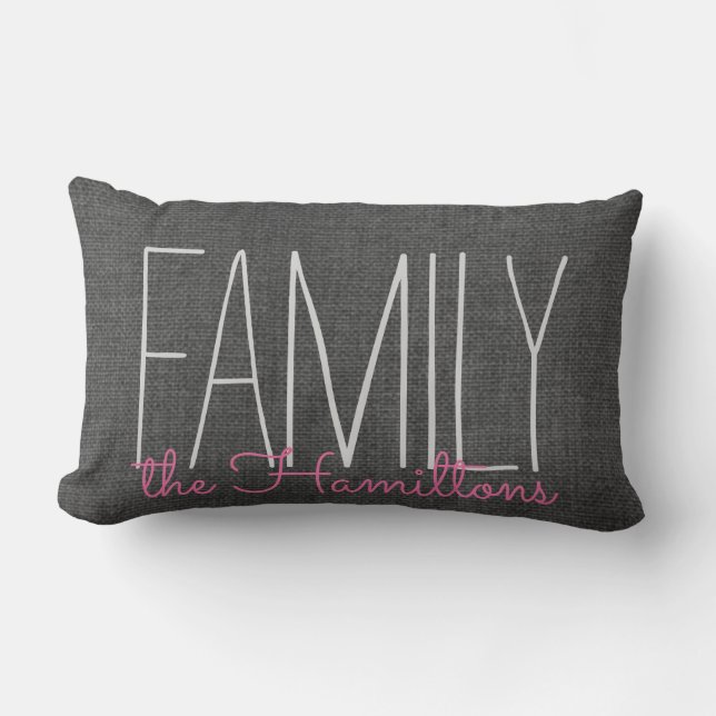 Rustic Chic Family Monogramm in DUNKGRAK UND PINK Lendenkissen (Vorderseite)