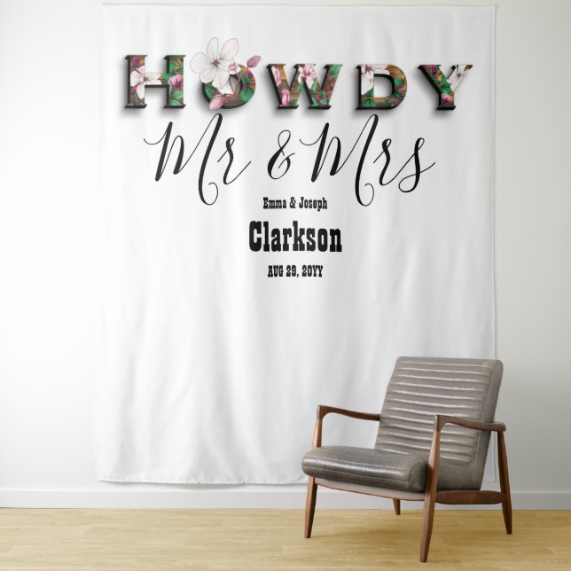 Rustic Chic Floral Howdy Mr. und Mrs. Foto Backdro Wandteppich (Beispiel)