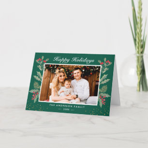 Rustic Chic Holly Berries Happy Holidays Photo Feiertagskarte