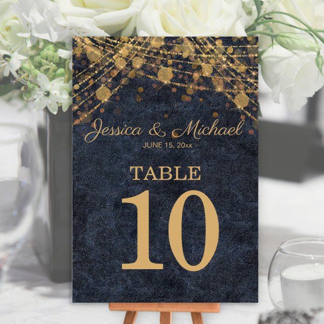 Rustic Chic Navy Blue Gold String LIghts Wedding Tischnummer (Rustic chic navy blue and gold string lights wedding table number card)