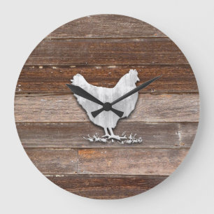 Rustic Chicken (Brown Boards) Große Wanduhr