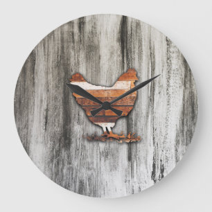 Rustic Chicken (Brown) Große Wanduhr