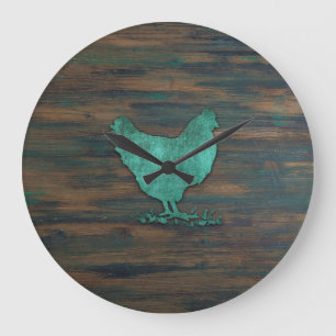 Rustic Chicken (Teal) Große Wanduhr