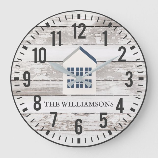 Rustic Chippy Planks Custom Family Name Farmhouse Große Wanduhr (Vorderseite)