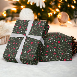 Rustic Christmas floral red watercolor pattern Geschenkpapier